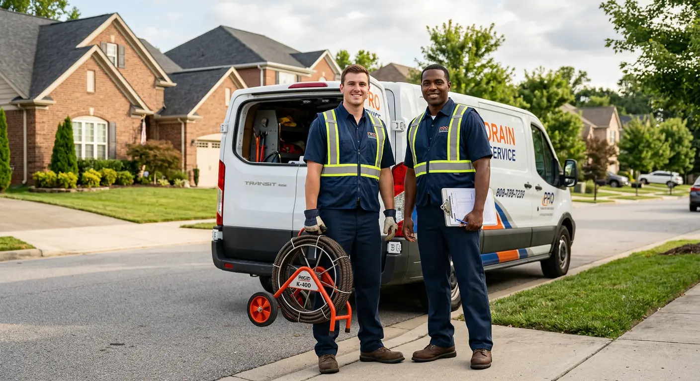 Sewer and drain service team with equipment ready for work in Ballenger Creek