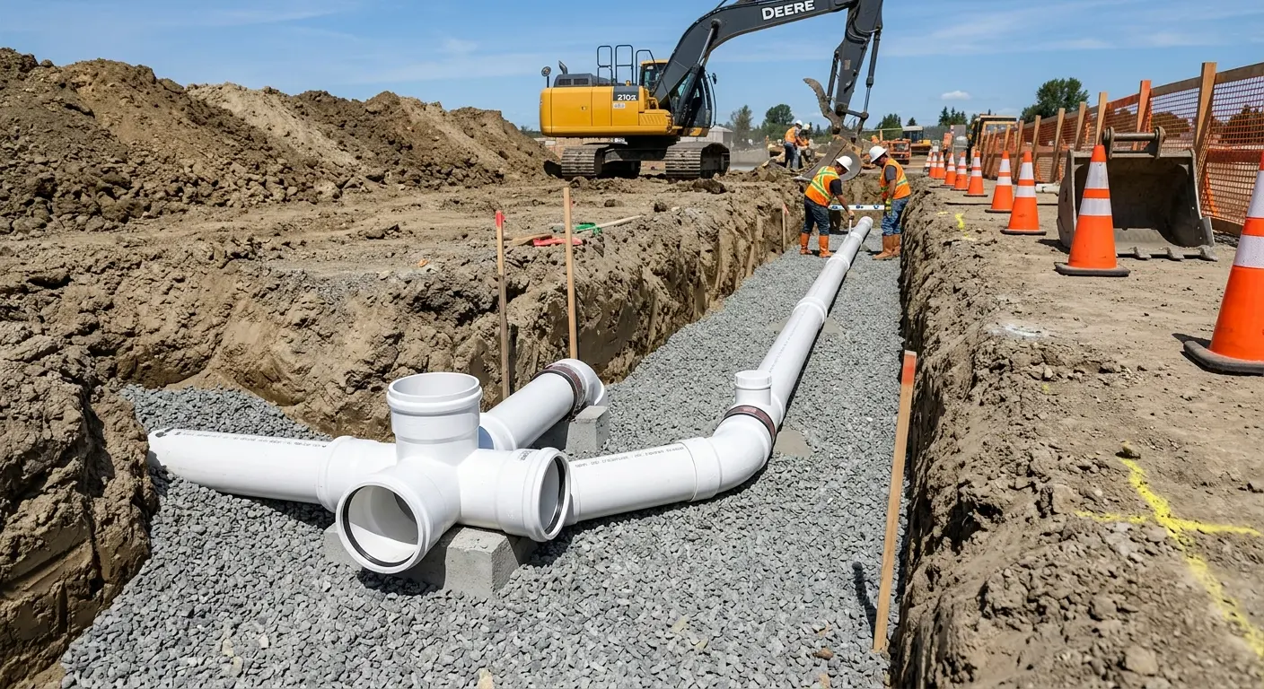 New PVC sewer pipe installation in open trench for Sewer Backup in Ballenger Creek
