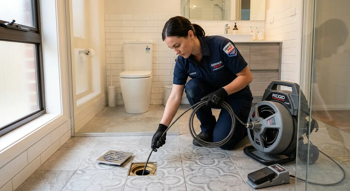 Technician clearing a bathroom floor drain for Drain Cleaning in Ballenger Creek